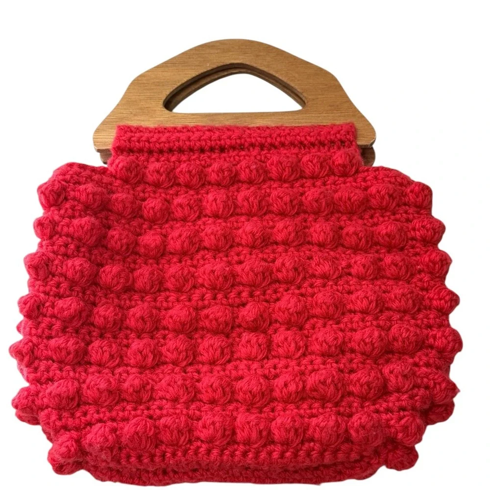 Handmade Red Crochet Bobble Bag Wooden‎ Handle Cottagecore Boho Statement Purse